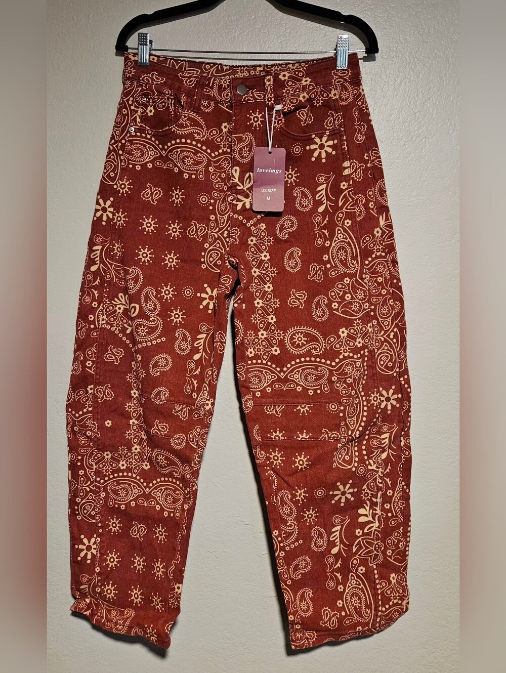 Loveimgs Women's Boyfriend Baggy Barrel Red Paisley Jean Size Medium US 8-10 NWT - Picture 3 of 13